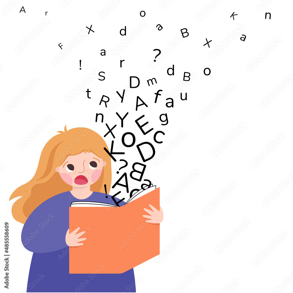 Dyslexia. Confused girl looking at letters flying out of a book. The child learns to speak correctly. Dyslexia. Confused girl looking at letters flying out of a book. The child learns to speak correctly.