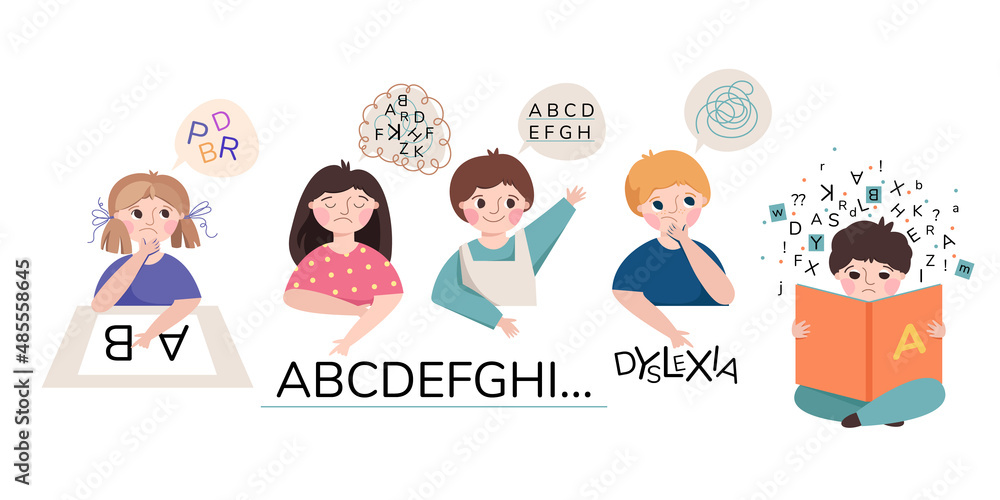 Dyslexia. Сhildren with learning disorder. Boy and girl with difficulty in reading. Illustration isolated on white background. - obrazy, fototapety, plakaty 