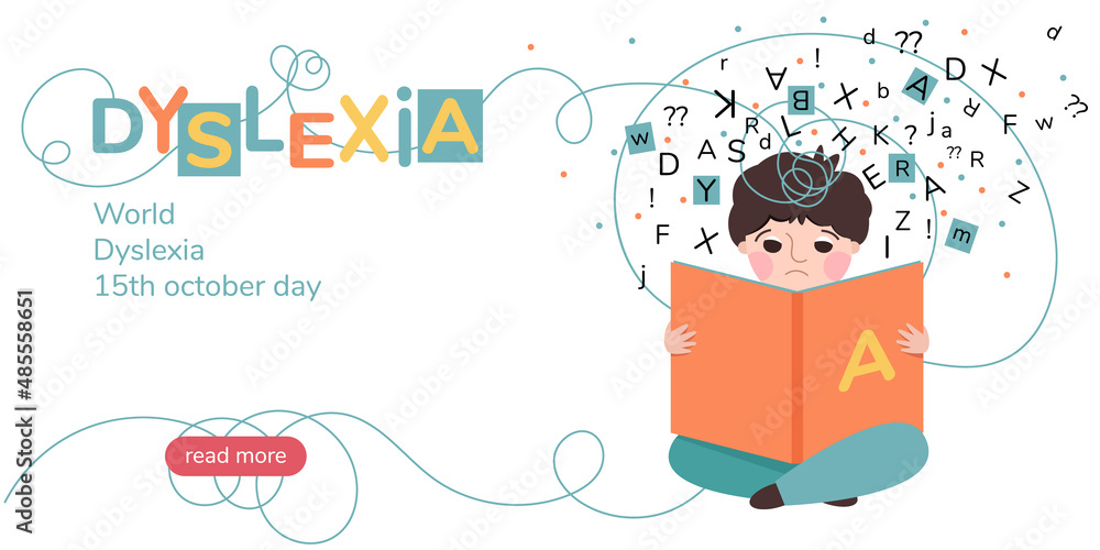 Boy with reading difficulties. October is Dyslexia Awareness Month. Sad boy looking at letters flying out of a book. Illustration for banner, landing page or poster.  - obrazy, fototapety, plakaty 