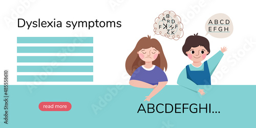 Dyslexia symptoms. Сhildren with learning disorder. Boy and girl with difficulty in reading. Illustration for banner, landing page or poster.