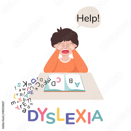 Boy with difficulty in reading. Dyslexia concept. Child doing hard homework. Letters escape from the book.