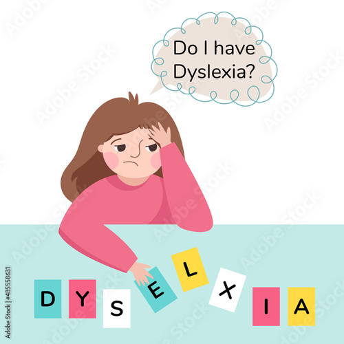 Dyslexia concept. Girl with difficulty in reading. Child doing hard homework. 