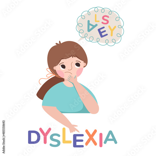 Girl with dyslexia or dyslexia in school. Colorful letters. The child learns to speak correctly. Illustration isolated on white background.
