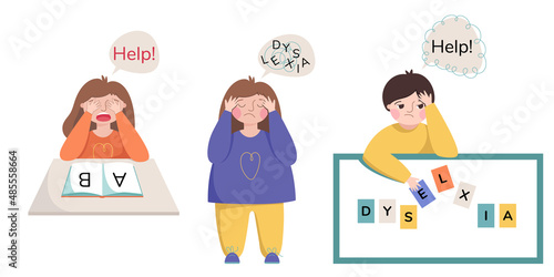 Dyslexia. Boy and girl with difficulty in reading. Сhildren with learning disorder. Illustration isolated on white background.