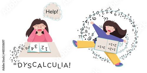 Dyscalculia concept. Child suffering with dyscalculia is having difficulty in mathematics. Sad girl flying with numbers. Illustration isolated on white background.