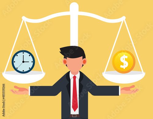 Businessman making decision between time or money. concept of time management