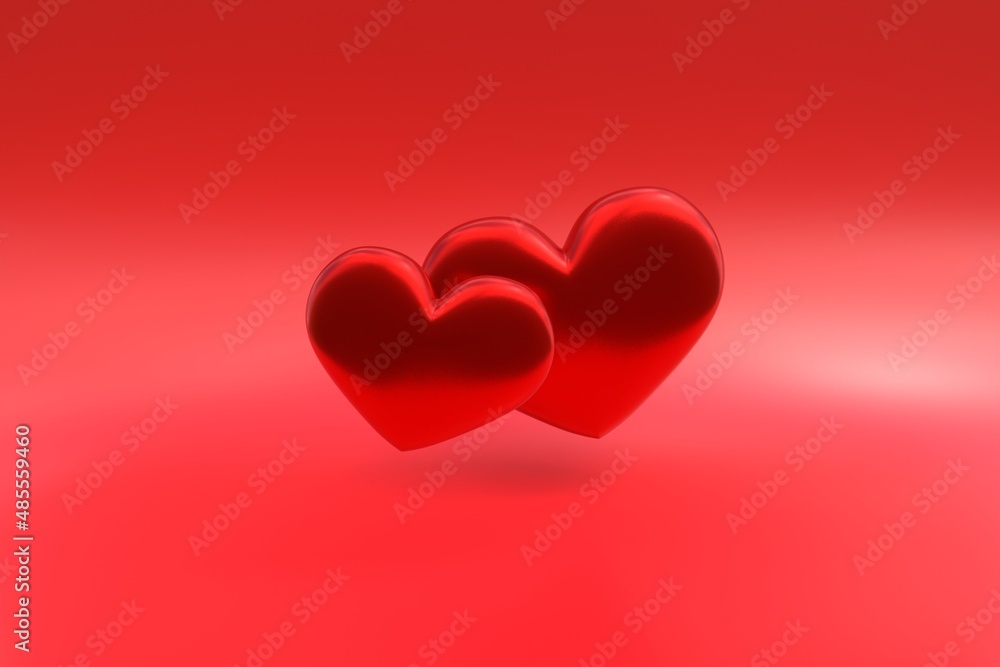 Two burgundy shiny metallic hearts on a red background. Simple romantic card template for Valentine's Day, Women's Day or wedding. 3d render