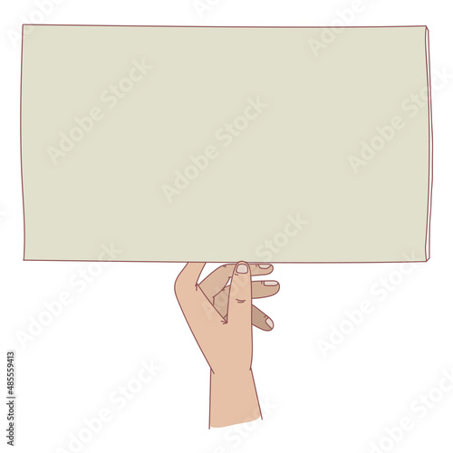 Hand holding placard with empty space for text, man hand swinging board with handle vector illustration design