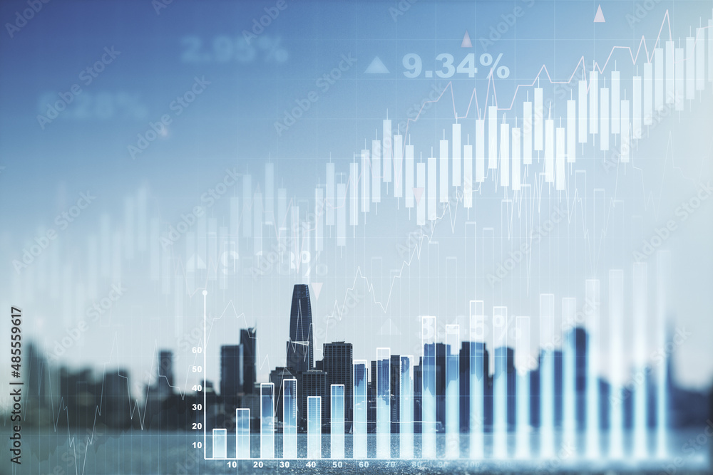 Multi exposure of virtual abstract financial graph interface on San Francisco cityscape background, financial and trading concept Multi exposure of virtual abstract financial graph interface on San Francisco cityscape background, financial and trading concept