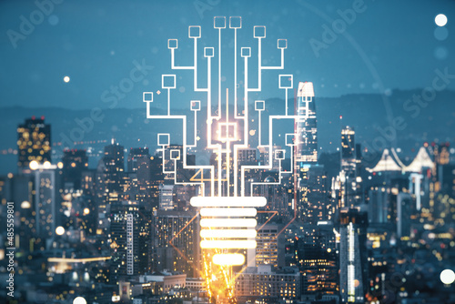 Virtual creative idea concept with light bulb and microcircuit illustration on San Francisco skyline background. Neural networks and machine learning concept. Multiexposure