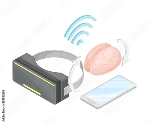 Virtual reality glasses, human brain and smartphone isometric. Virtual reality school concept vector illustration