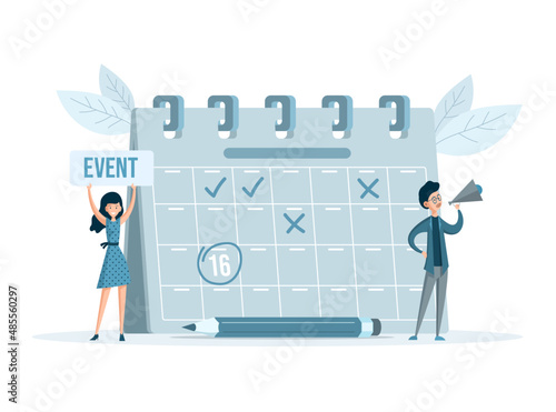 Man with a megaphone, a girl with a banner. Organization of work. Calendar planning. Event