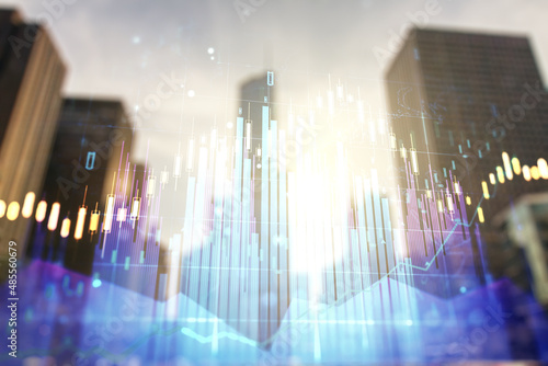 Multi exposure of abstract financial graph on office buildings background, forex and investment concept © Pixels Hunter