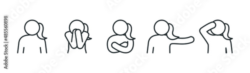 woman icons set, various poses and gestures with hands, manifestation of emotions. linear vector illustration