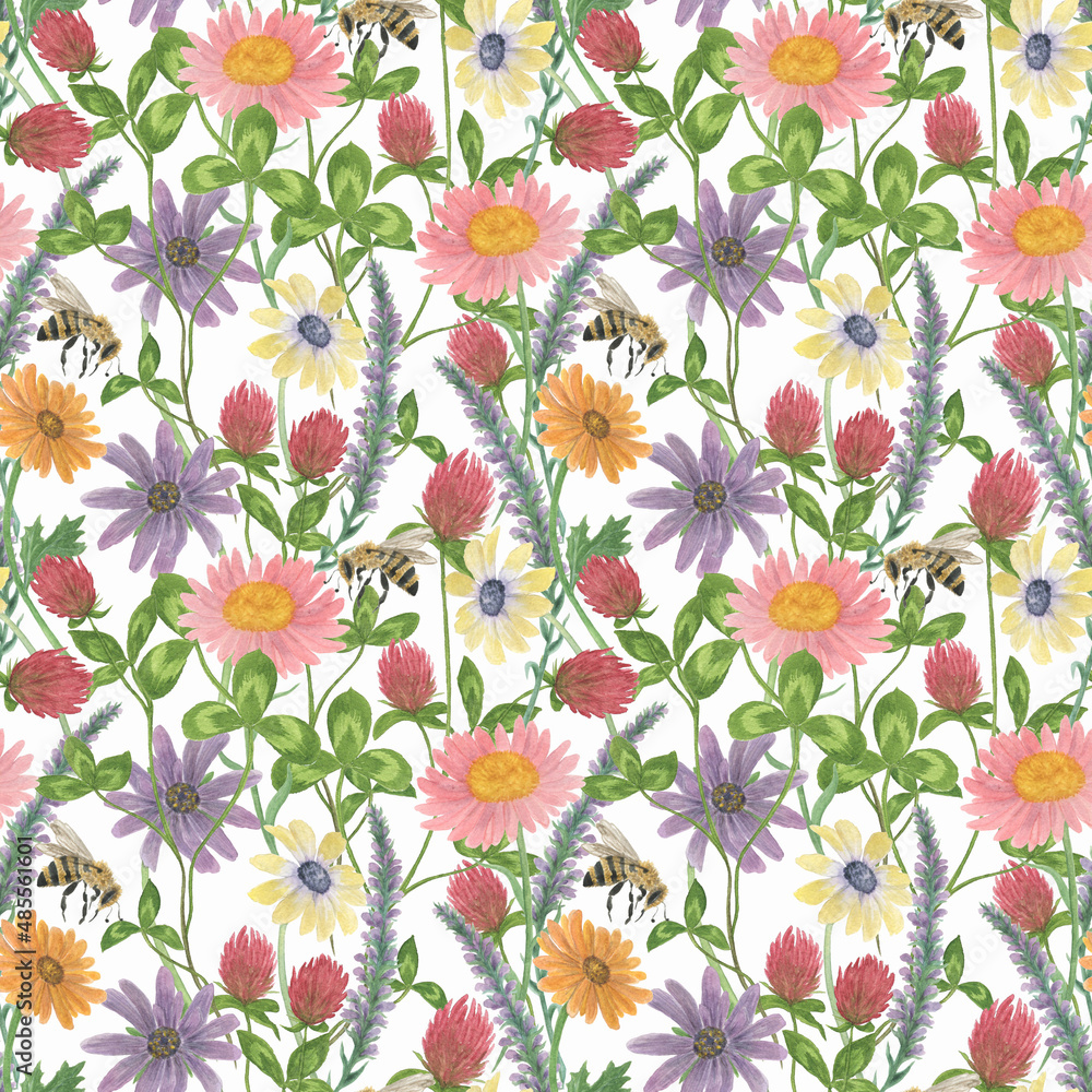 Watercolor painting seamless pattern with botanical flowers and bee Watercolor painting seamless pattern with botanical flowers and bee