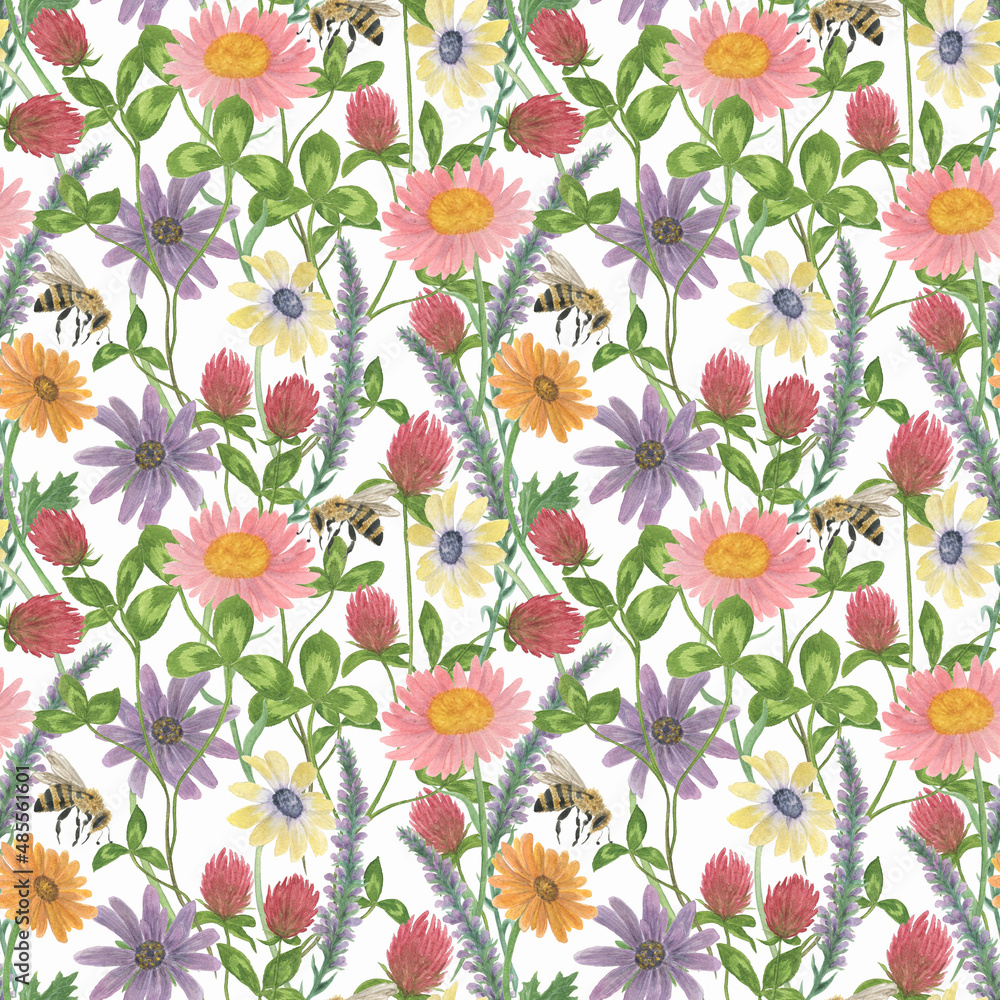 Watercolor painting seamless pattern with botanical flowers and bee