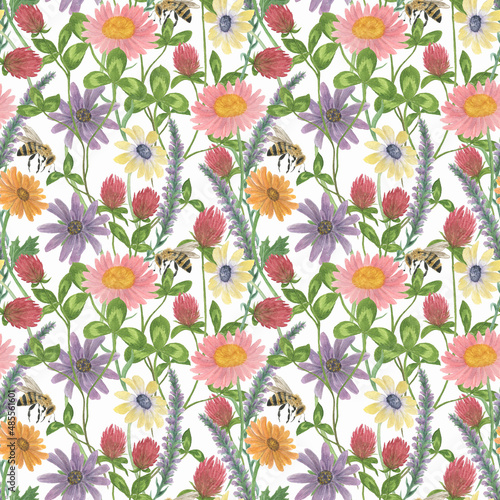 Watercolor painting seamless pattern with botanical flowers and bee