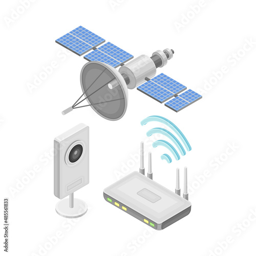 Space satellite communication. Antenna for receiving radio and television signal isometric vector illustration