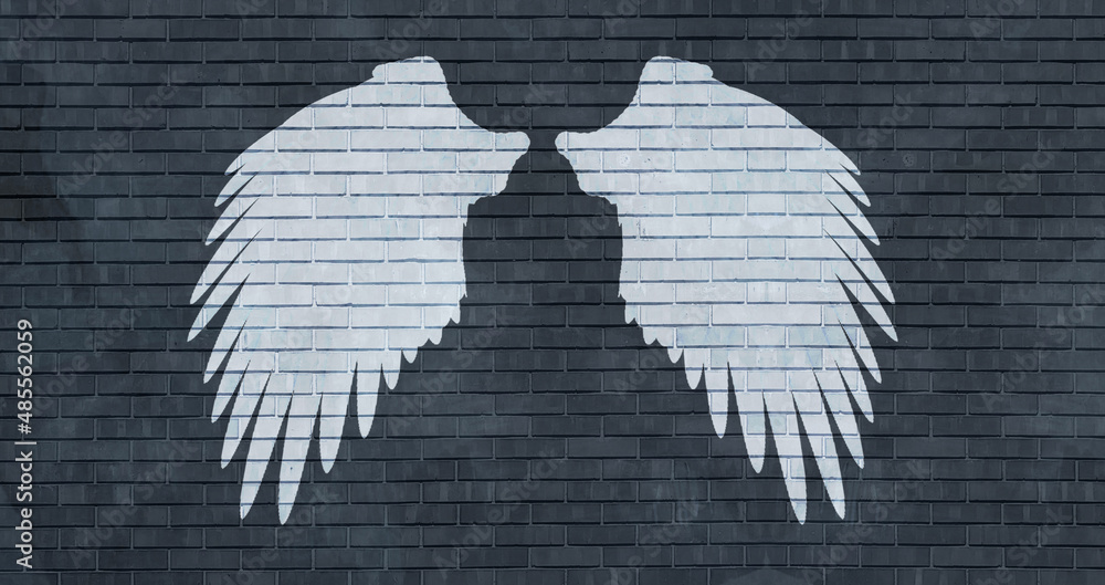 Mural or graffiti art. White angel wings on old brick wall in a shade of  graphite. Perfect background for photo studio or wallpaper for an  industrial loft. Stock Illustration | Adobe Stock