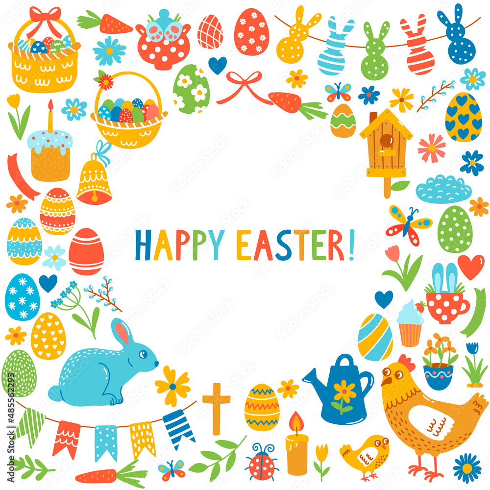 Easter holiday cute colorful icons decorative holiday vector frame