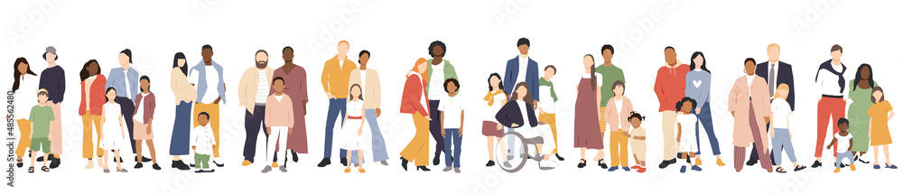 Multicultural group of mothers and fathers with kids. Flat vector illustration. Multicultural group of mothers and fathers with kids. Flat vector illustration.