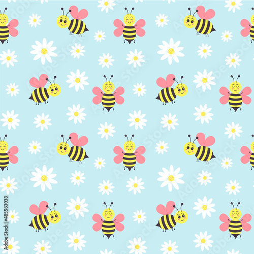 Seamless pattern of daisy flower and cartoon bee on blue background. Vector illustration.