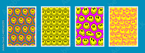 Fototapeta Naklejka Na Ścianę i Meble -  Set Of Cool Trendy Acid Rave Posters. Collection Of Trippy Smile Patterns. Pop Art Graphics.