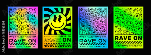 Set Of Abstract Rave Psychedelic Posters. Cool Colorful Rainbow Acid Art. photo