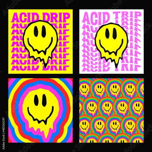 Cool Bright Acid Smile Artwork. Trendy Rave Colorful Illustration. Distorted Emoji Vector Design.