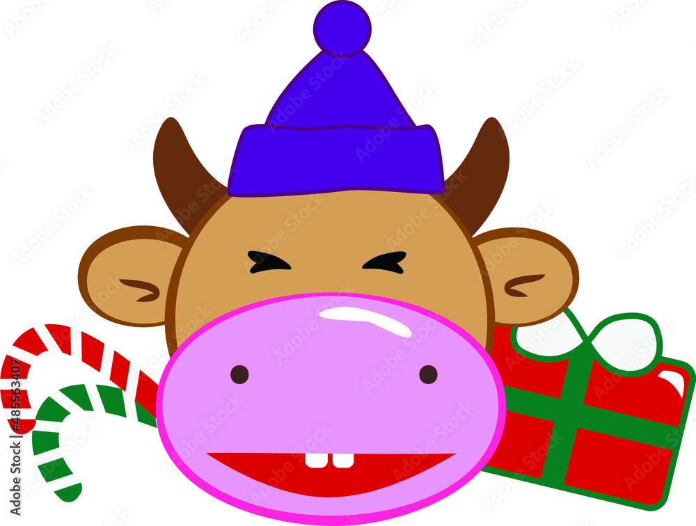 Fototapeta premium Cartoon cow in Christmas with candy and gift 
