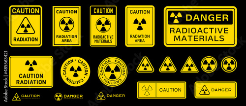 Set of Radioactive Materials Caution Signs. Warning Danger Radiation Badges.