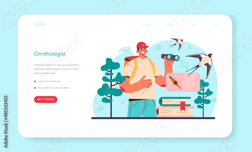 Ornithologist web banner or landing page. Professional scientist