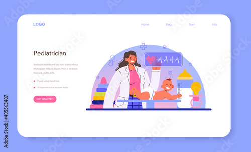 Pediatrician web banner or landing page. Doctor examining a child