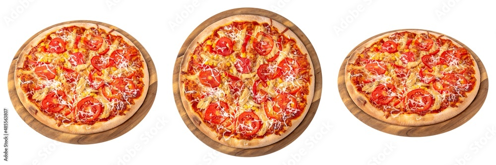 Classic italian pizza from different angles on a round wooden board from different angles. Isolated on white. Top view