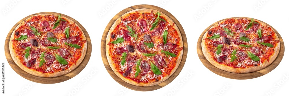 Classic italian pizza from different angles on a round wooden board from different angles. Isolated on white. Top view