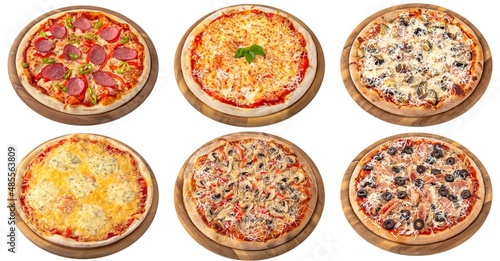 Set of classic Italian pizza: four cheeses, salami, margarita, neapolitana, vegetarian, pepperoni. Isolated on white