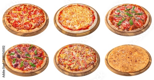 Set of classic Italian pizza: four cheeses, salami, margarita, neapolitana, vegetarian, pepperoni. Isolated on white