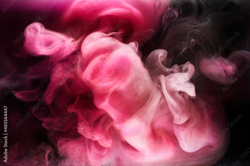Pink smoke on black ink background, colorful fog, abstract swirling touch ocean sea, acrylic paint pigment underwater Pink smoke on black ink background, colorful fog, abstract swirling touch ocean sea, acrylic paint pigment underwater