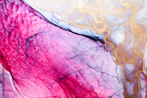 Luxury abstract background in alcohol ink technique, pink blue gold liquid painting, scattered acrylic blobs and swirling stains, printed materials