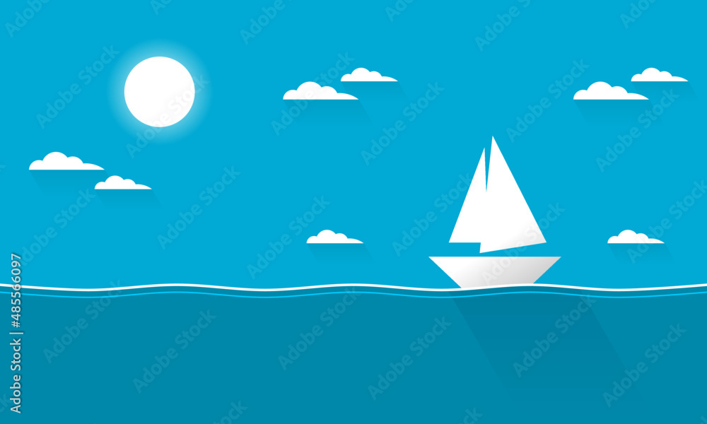 Naklejka premium White sailboat floating in blue ocean sea with cloud and sun blue sky in day time flat vector design.