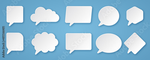 set communication bubble speech paper cut style chat icon collection in blue background template design 