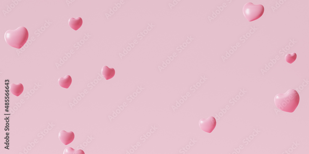 Valentines day pink background with heart shaped balloons, 3d render