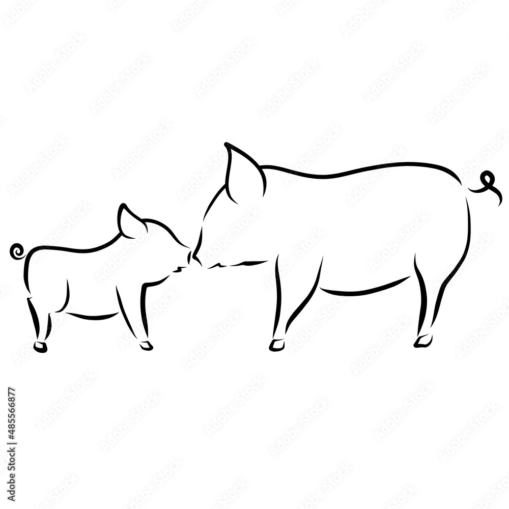 big pig and her baby touch each other with a snout, a black outline
