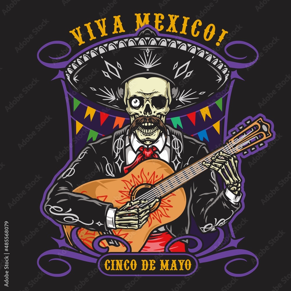 Obraz premium One eyed skeleton with guitar emblem