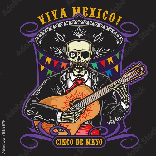 One eyed skeleton with guitar emblem