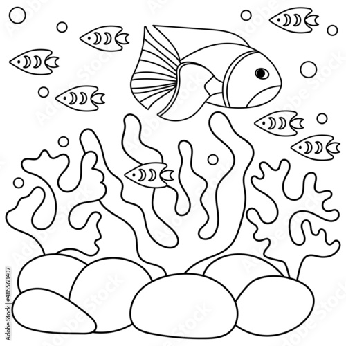 Underwater coloring book page for children. Fish and coral, seaweed , underwater world.