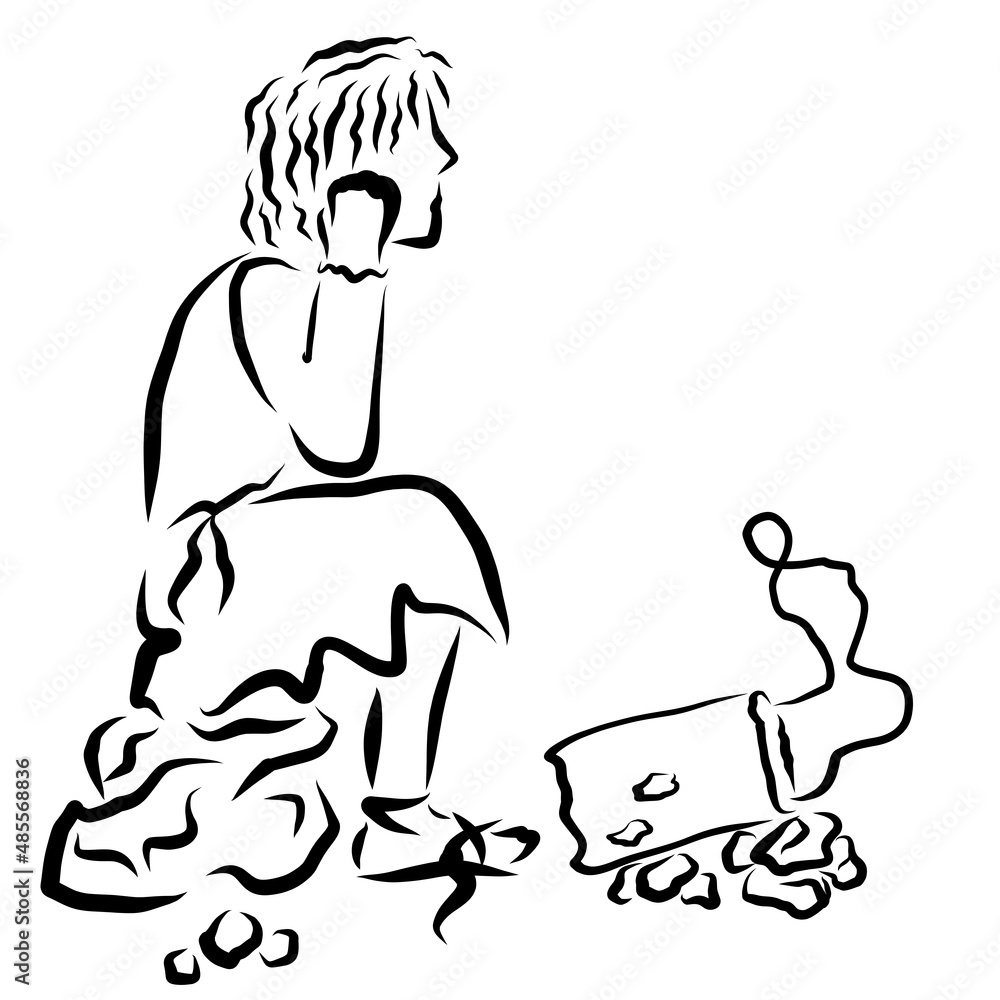 impoverished prodigal son sits on a stone next to an empty torn bag, black outline impoverished prodigal son sits on a stone next to an empty torn bag, black outline