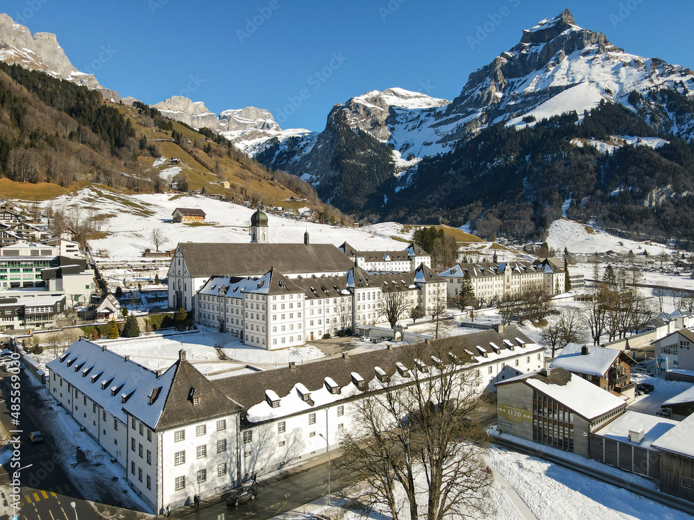 Drone view at the Benedictine convent of Engelberg in the Swiss alps