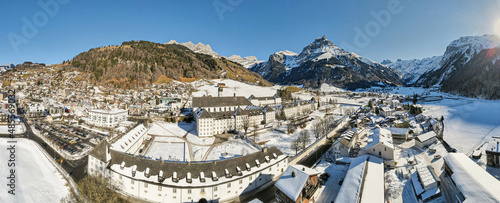 Drone view at the village of Engelberg in the Swiss alps