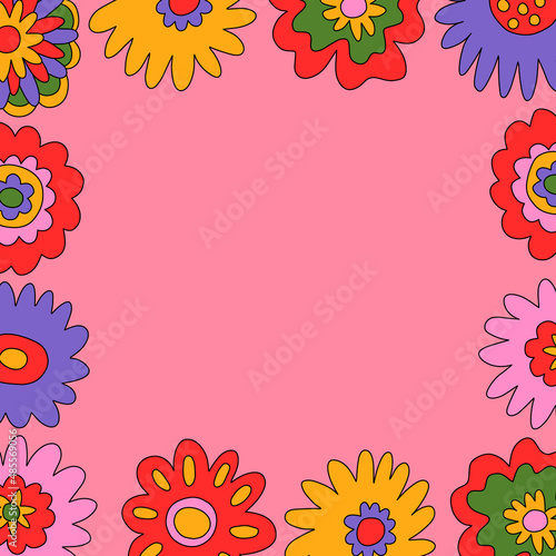vintage vector frame template in hippie style.70s and 60s funky and groovy post.Psychedelic social media with flowers shapes.Vibrant square for wallpaper and back.Low contrast.Retro text box